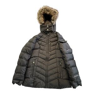 Eddie Bauer Down Puffer Coat Jacket Fuax Fur Trimmed Hood Size XS